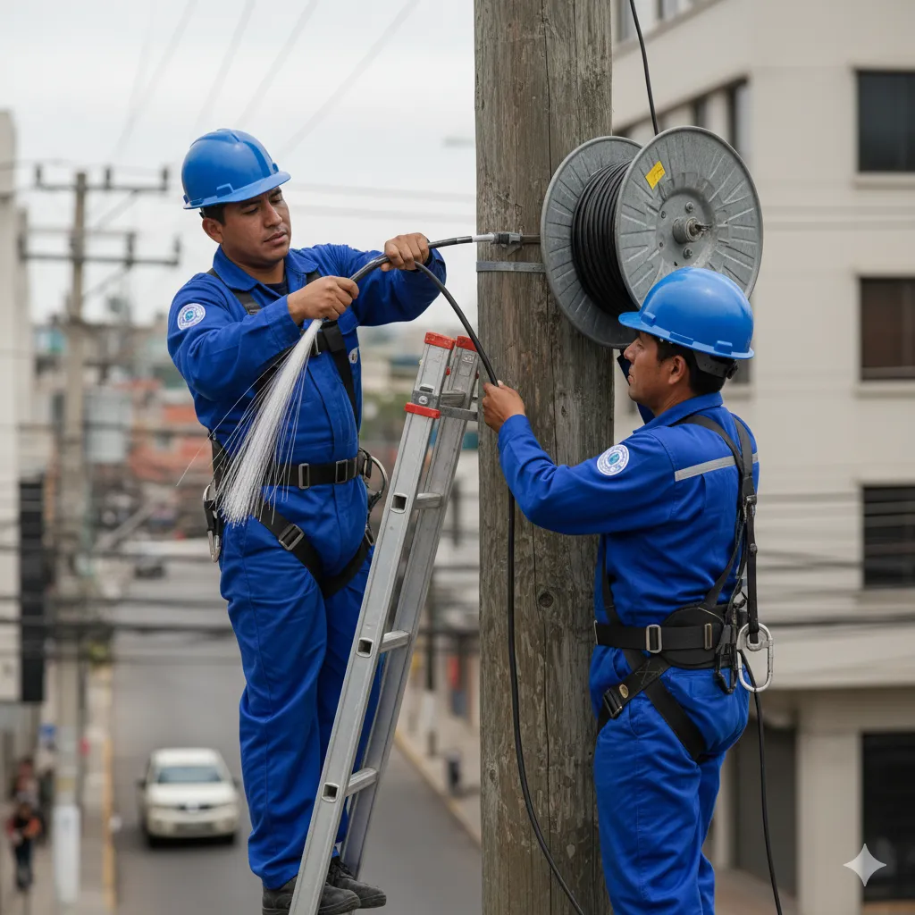 Persona revisando un contrato de servicios de telecomunicaciones sobre un escritorio